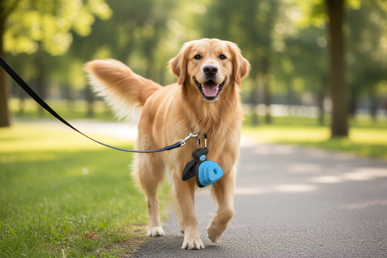 Hund mit Poop Scooper an der Leine
